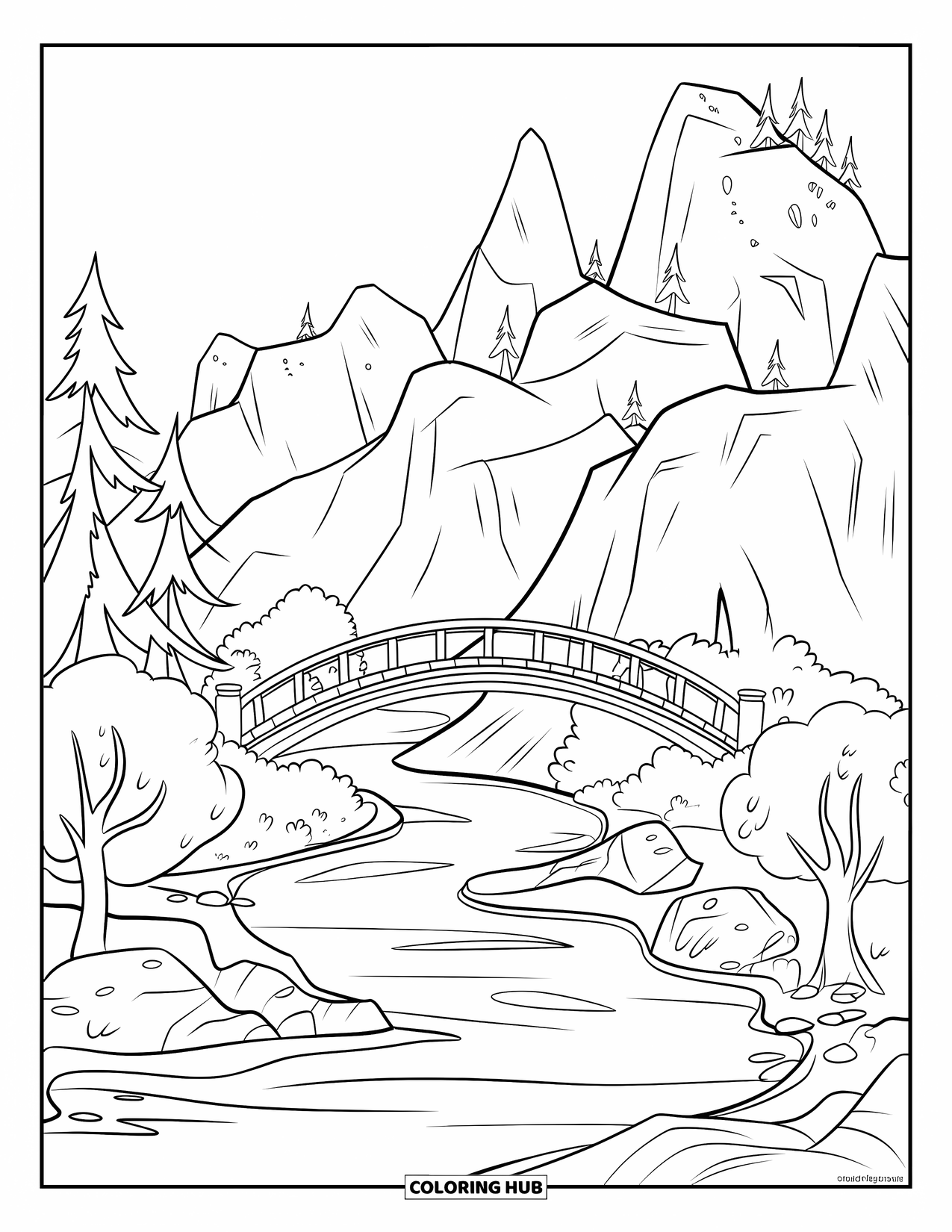 Berg Kleurplaat voor Kinderen: Een rivier met een houten brug die de omliggende bergen weerspiegelt