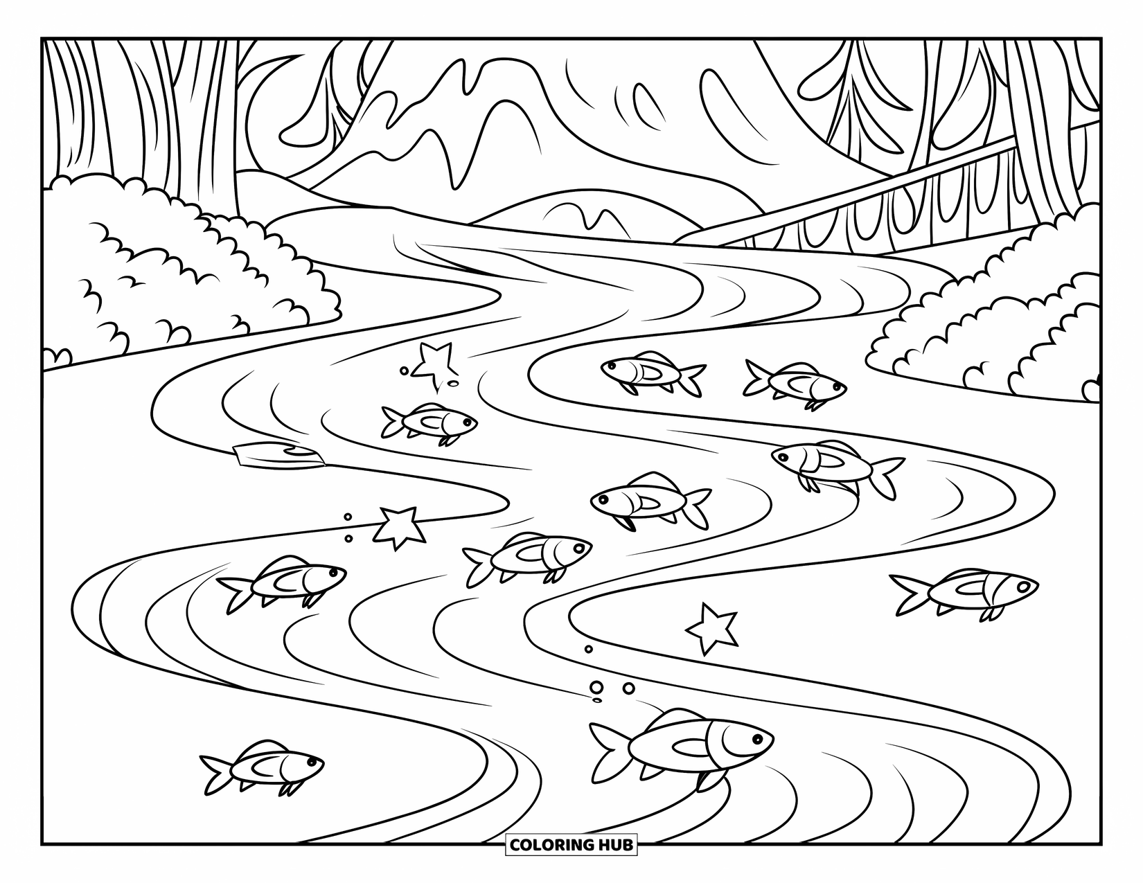 Berg Kleurplaat voor Kinderen: Een rivier met springende vissen en een houten brug bij de bergen
