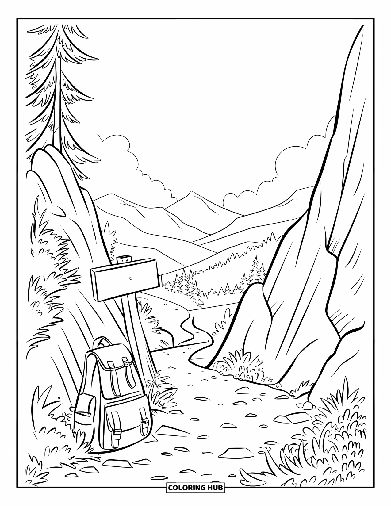 Berg Kleurplaat voor Kinderen: Een rotsachtig pad een berg op met een wegwijzer en groene struiken