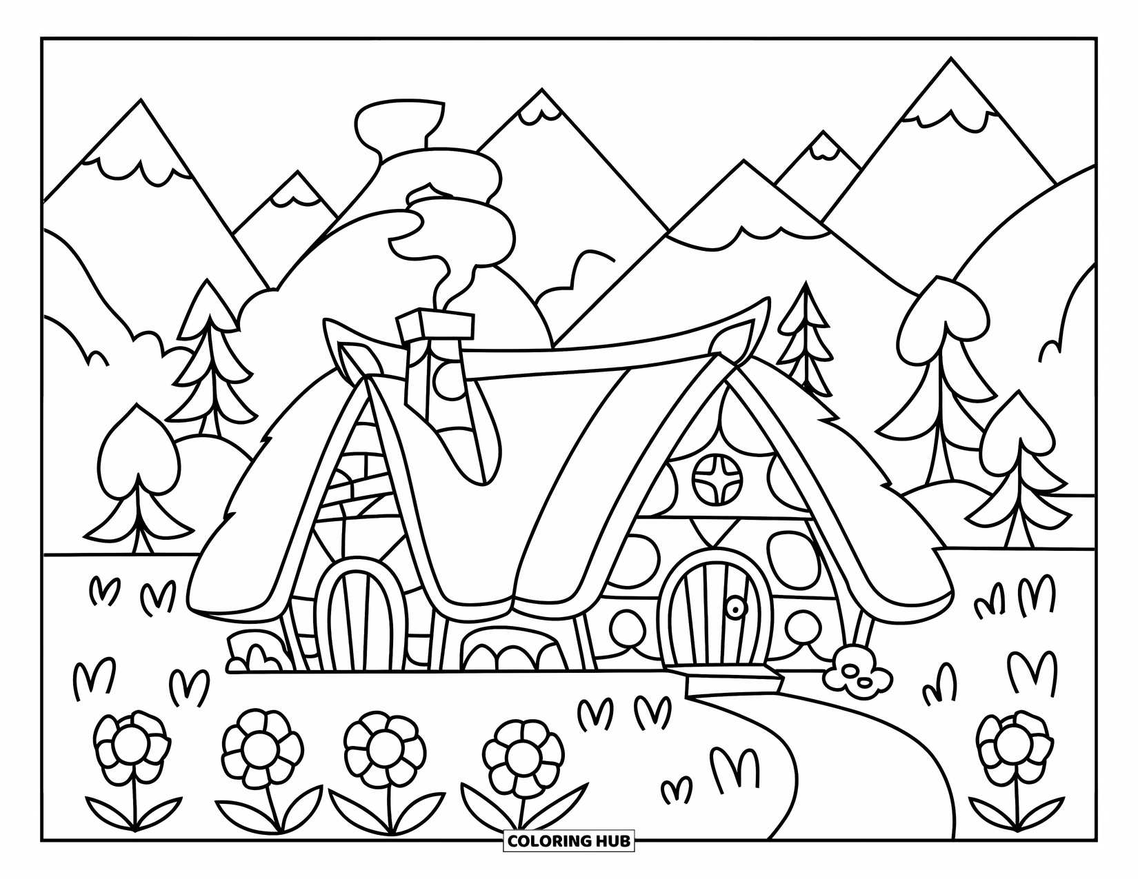Berg Kleurplaat voor Kinderen: Een rustieke hut met een schoorsteen en bloemen omringd door bergen