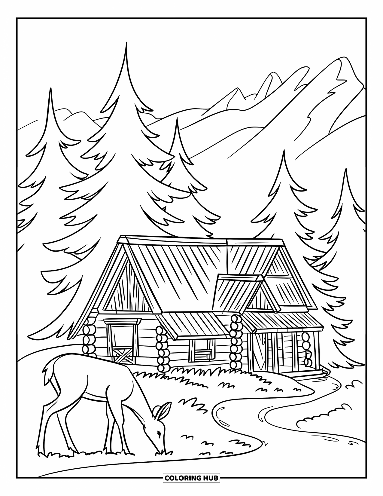 Berg Kleurplaat voor Kinderen: Een rustieke hut met pijnbomen, een hert en besneeuwde bergen