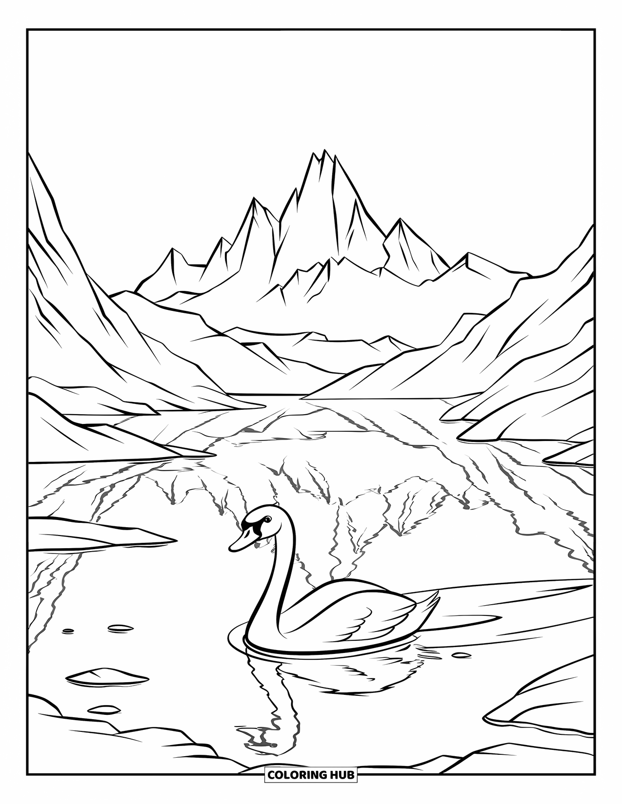 Berg Kleurplaat voor Kinderen: Een sereen meer dat bergtoppen weerspiegelt met een zwaan die vredig glijdt