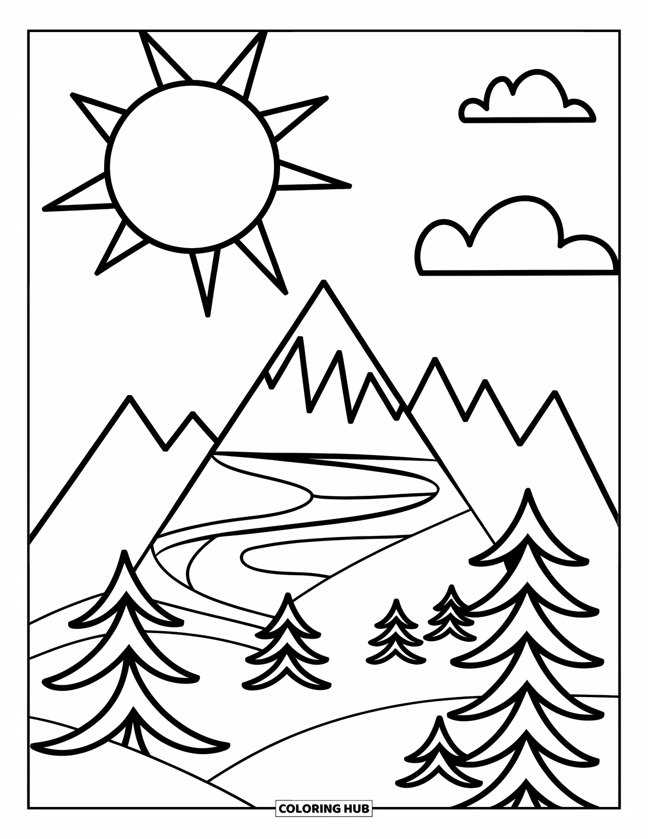 Berg Kleurplaat voor Kinderen: Een kleine berg met grillige toppen, dennenbomen en een heldere zon