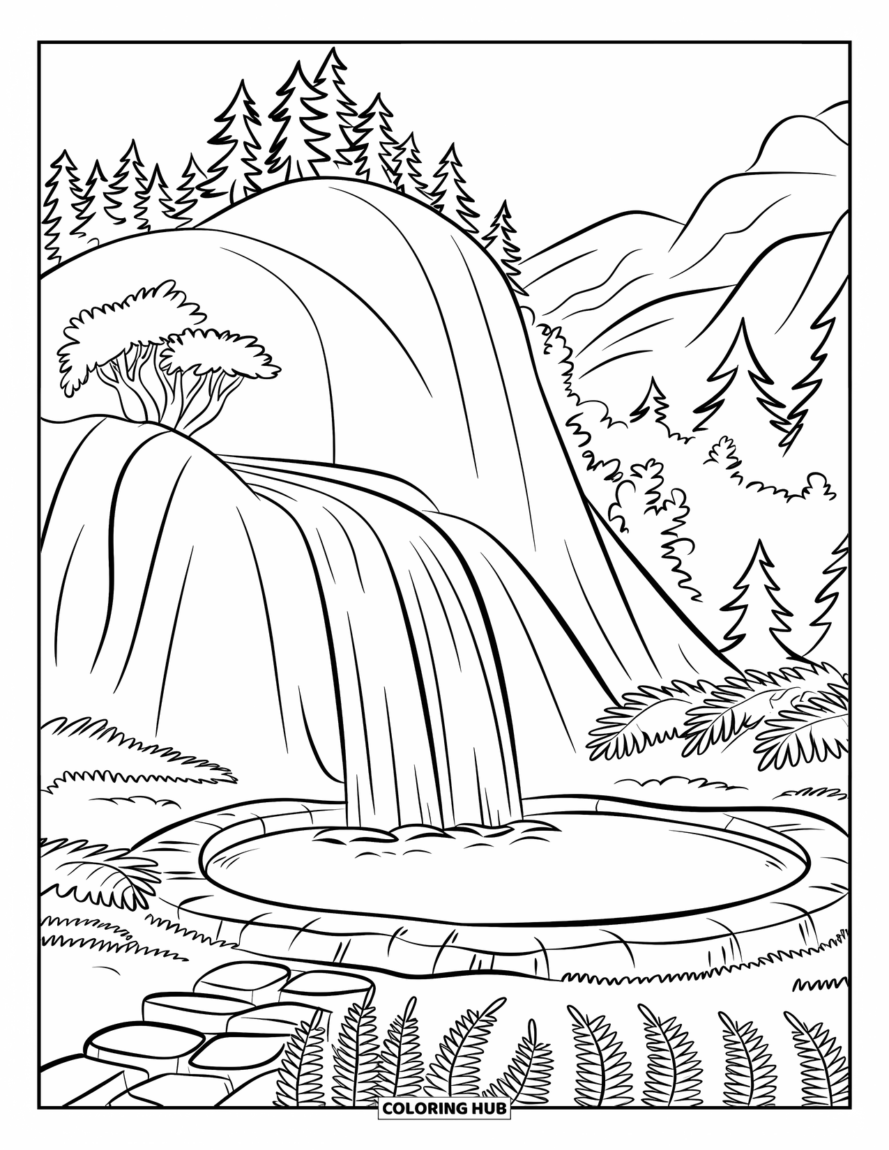 Berg Kleurplaat voor Kinderen: Een kleine waterval die in een poel stroomt, omringd door varens en groen