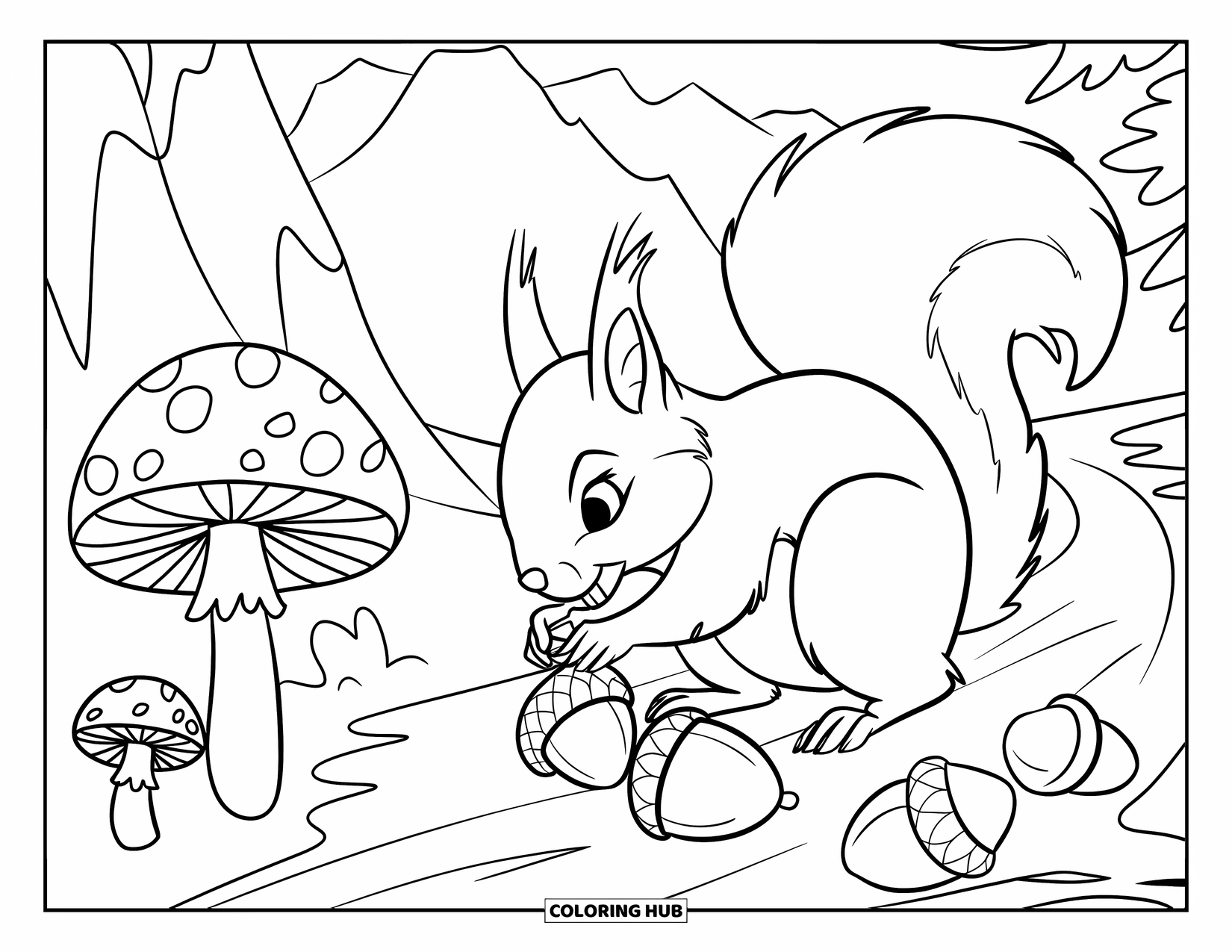 Berg Kleurplaat voor Kinderen: Een eekhoorn die eikels verzamelt met paddenstoelen bij een bergpad