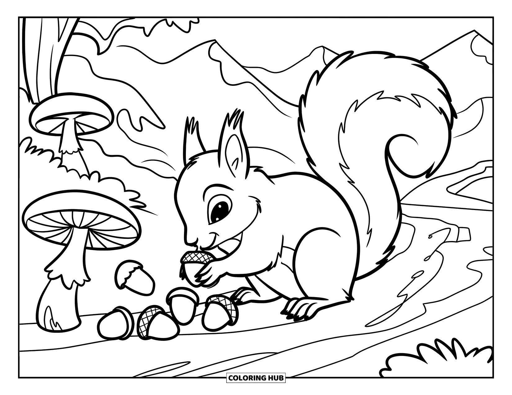 Berg Kleurplaat voor Kinderen: Een eekhoorn die eikels verzamelt naast een bergpad met paddenstoelen in de buurt