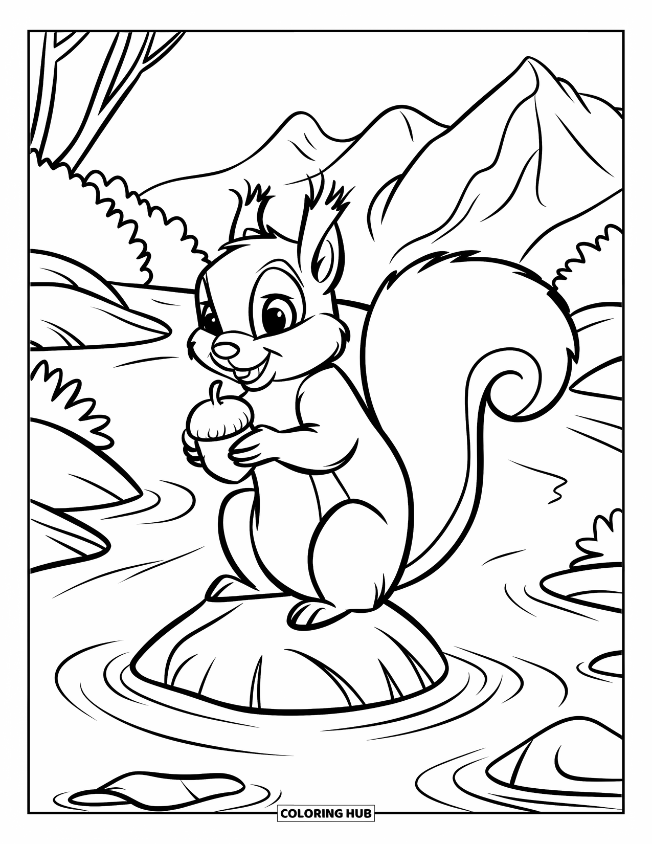 Berg Kleurplaat voor Kinderen: Een eekhoorn die een eikel vasthoudt op een rots bij een bergbeek