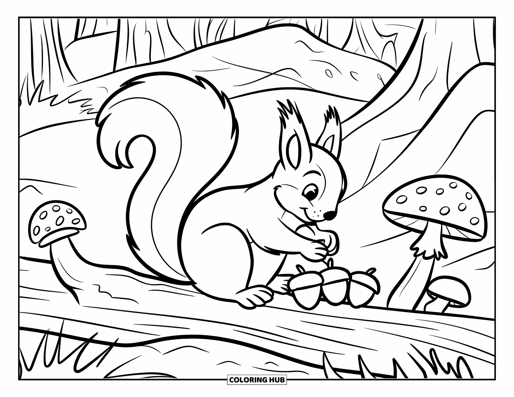 Berg Kleurplaat voor Kinderen: Een eekhoorn op een boomstam die eikels verzamelt naast een rotsachtig bergpad