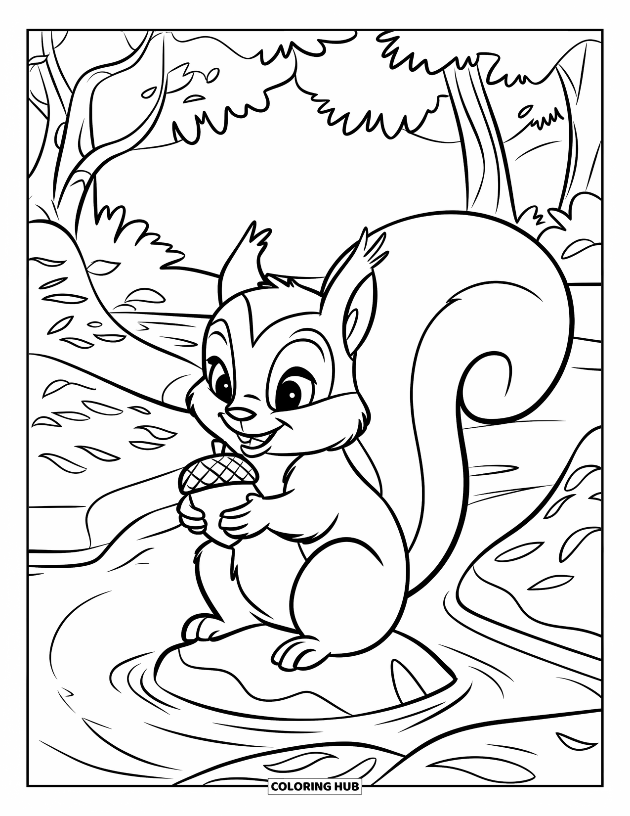 Berg Kleurplaat voor Kinderen: Een eekhoorn met een eikel op een rots bij een beek onder bomen en bergen