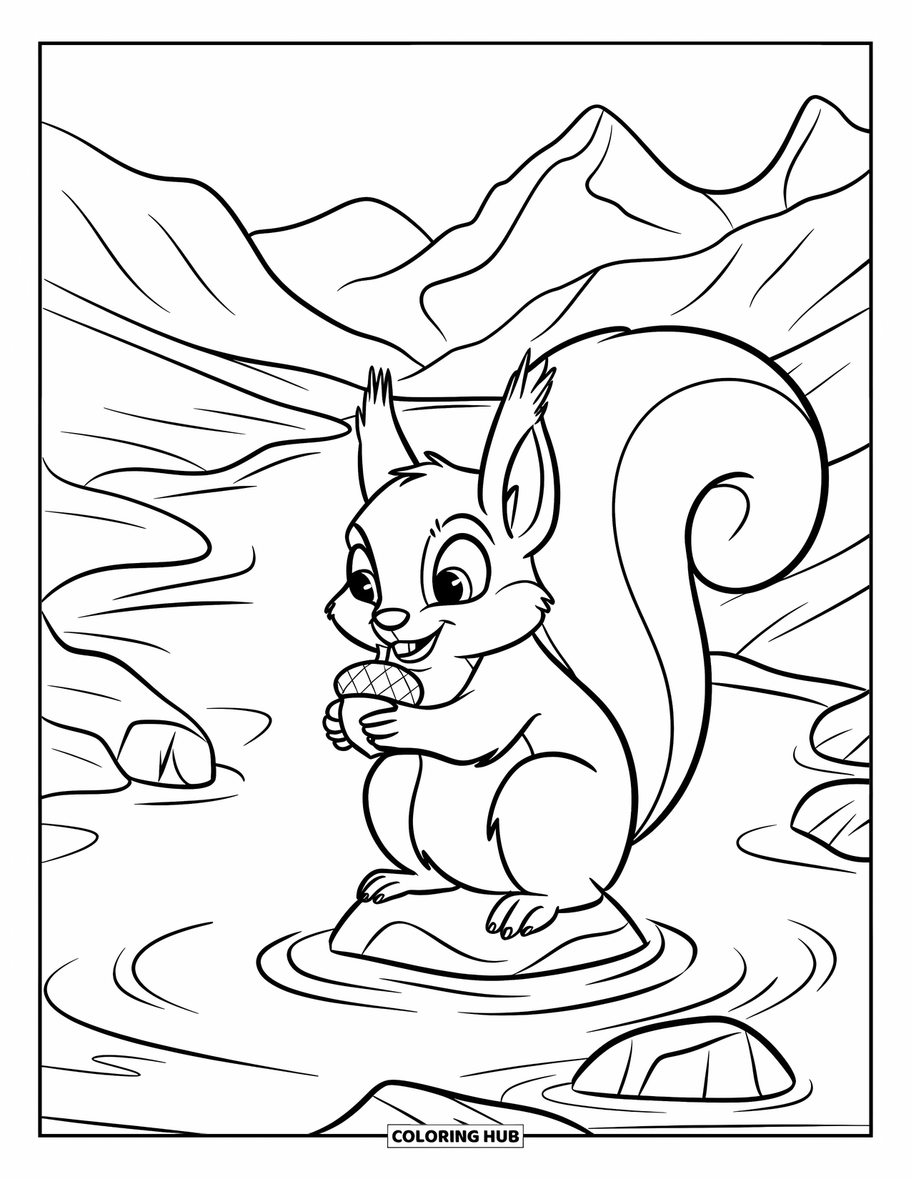 Berg Kleurplaat voor Kinderen: Een eekhoorn met een eikel die op een rots zit in de buurt van een bergbeek
