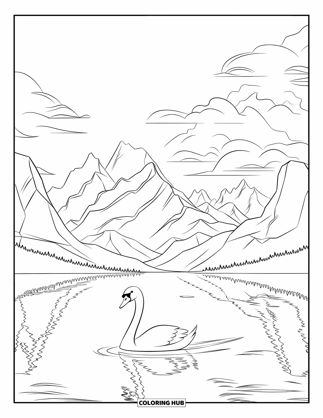 Berg Kleurplaat voor Kinderen: Een zwaan die over een meer glijdt met bergtoppen die in het water worden weerspiegeld