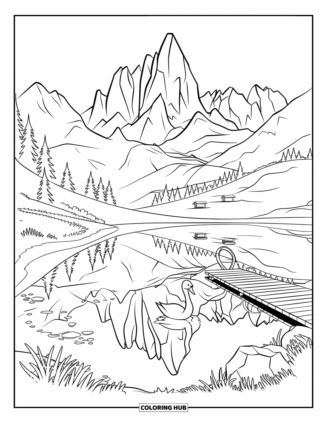Berg Kleurplaat voor Kinderen: Een zwaan die over een meer glijdt en de bergtoppen en het groen weerspiegelt