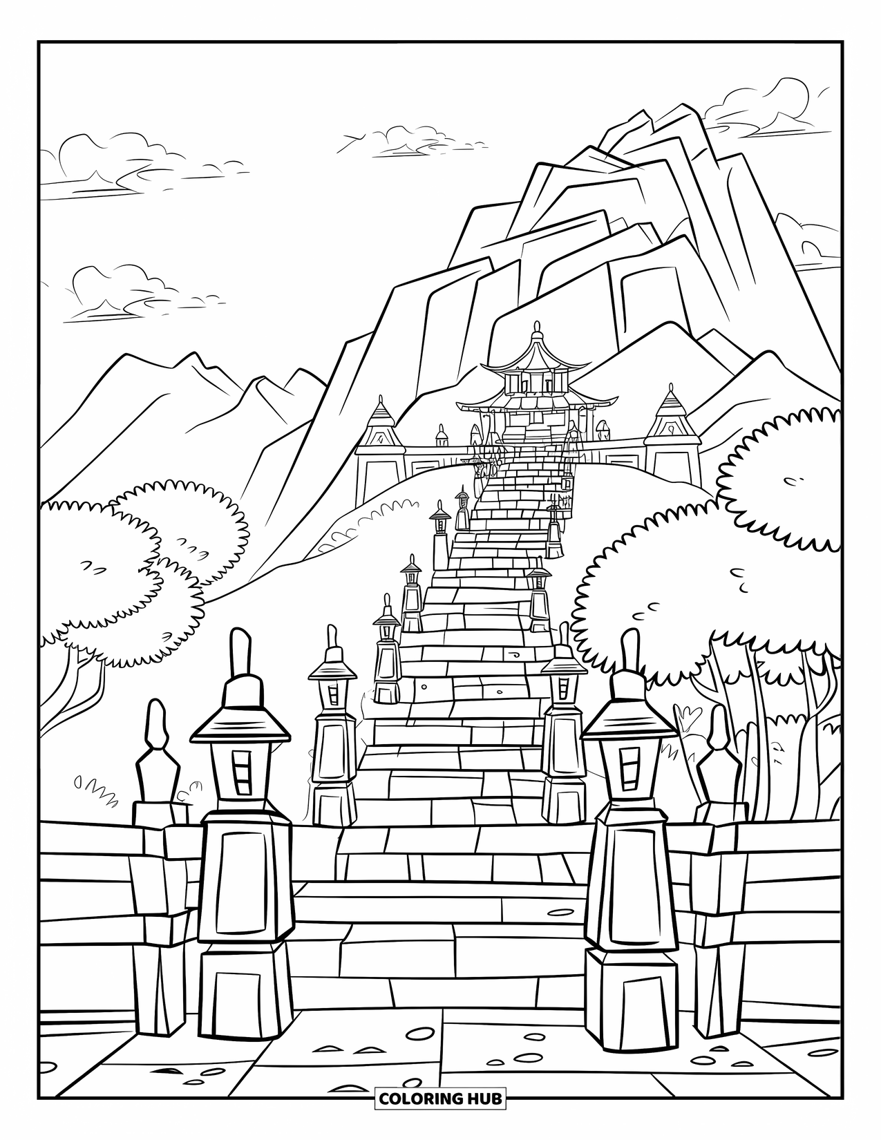 Berg Kleurplaat voor Kinderen: Een tempel op een berg met stenen trappen en hangende lantaarns