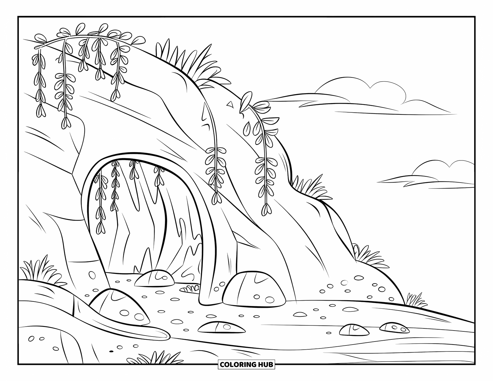 Berg Kleurplaat voor Kinderen: Een met wijnranken bedekte grot ingang op een berghelling met rotsen en kiezels