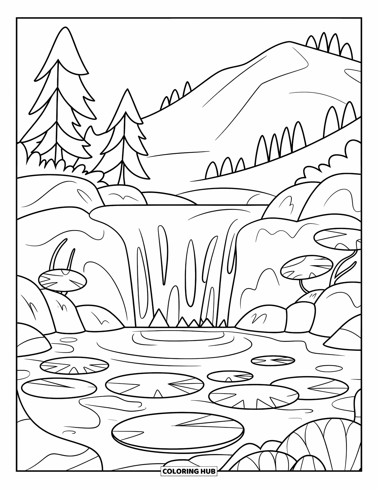 Berg Kleurplaat voor Kinderen: Een waterval die in een vijver stroomt met waterlelies en een kikker