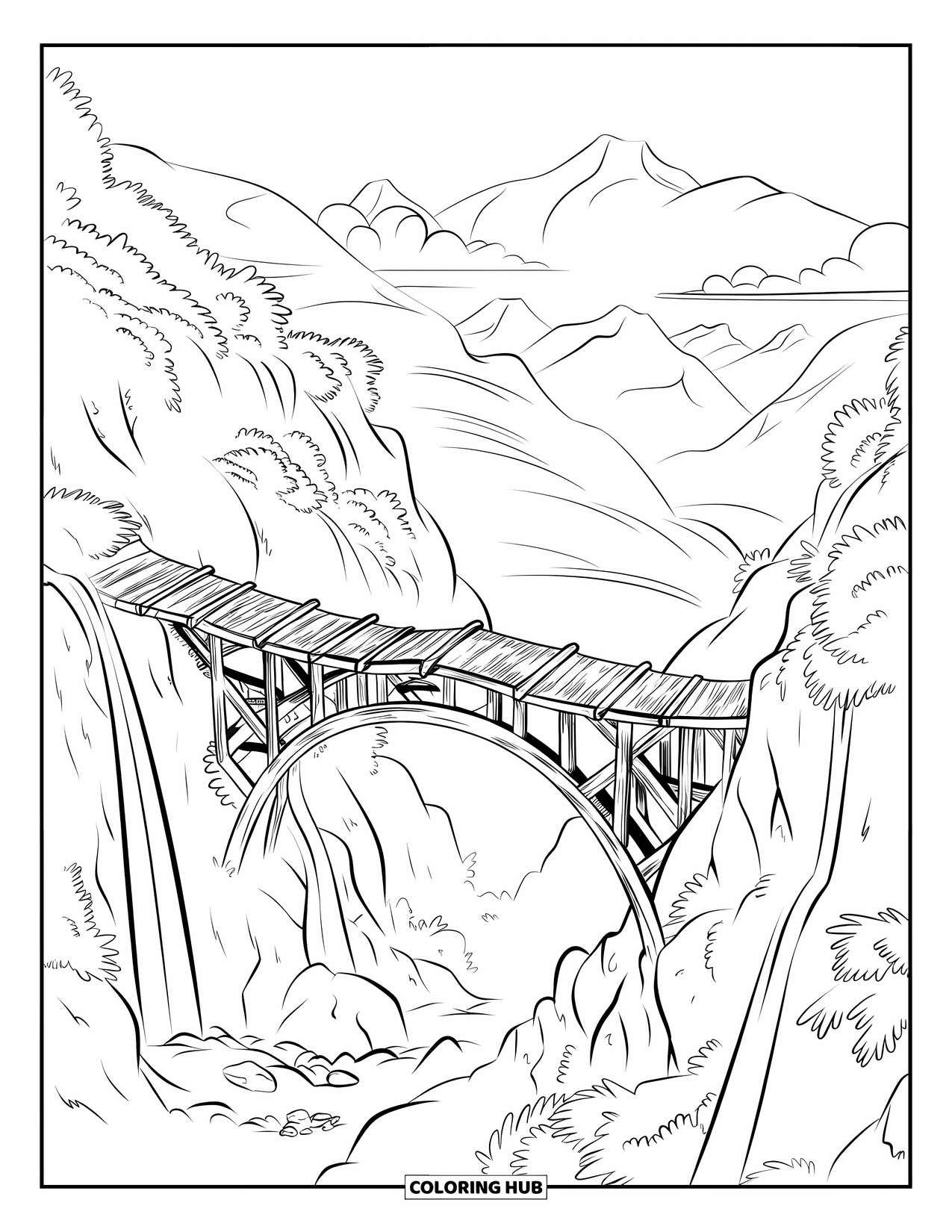Berg Kleurplaat voor Kinderen: Een verweerde houten brug hoog boven een weelderige kloof met watervallen en bergen