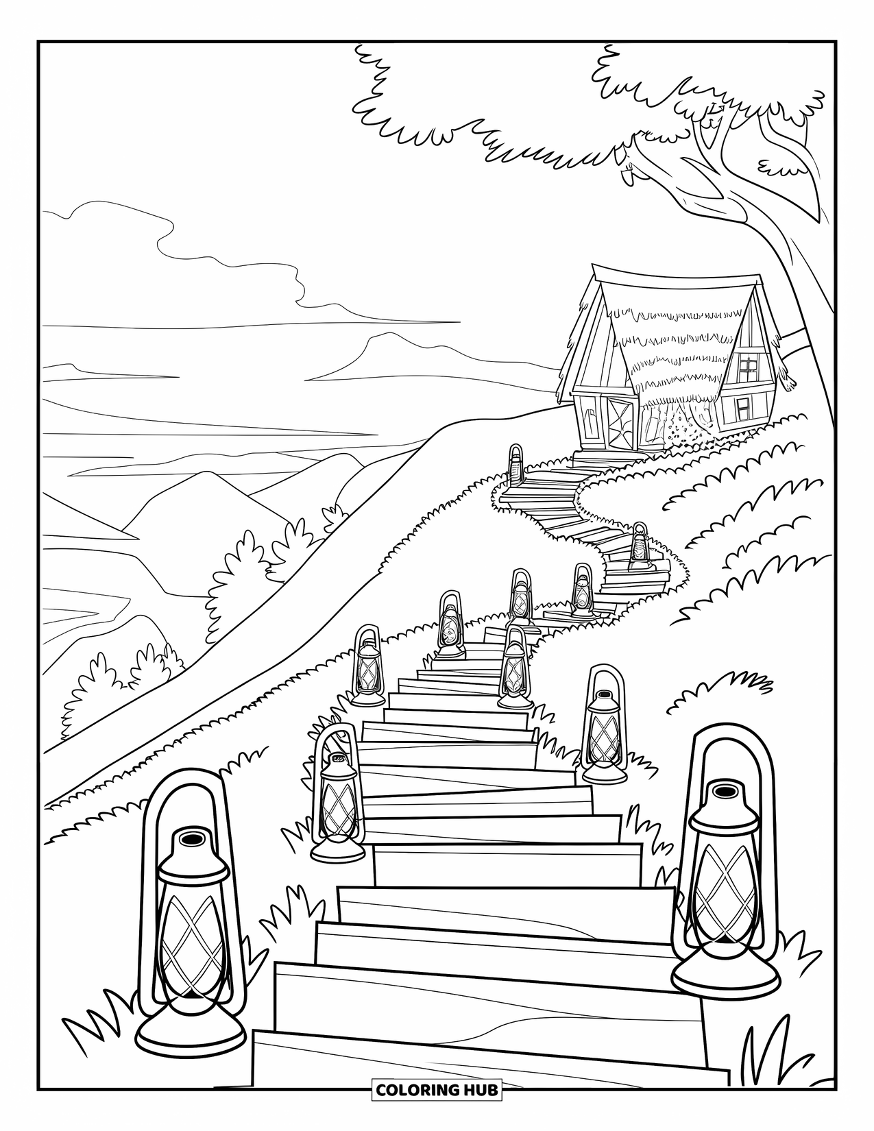 Berg Kleurplaat voor Kinderen: Een kronkelend pad met lantaarns dat leidt naar een hut met een rieten dak