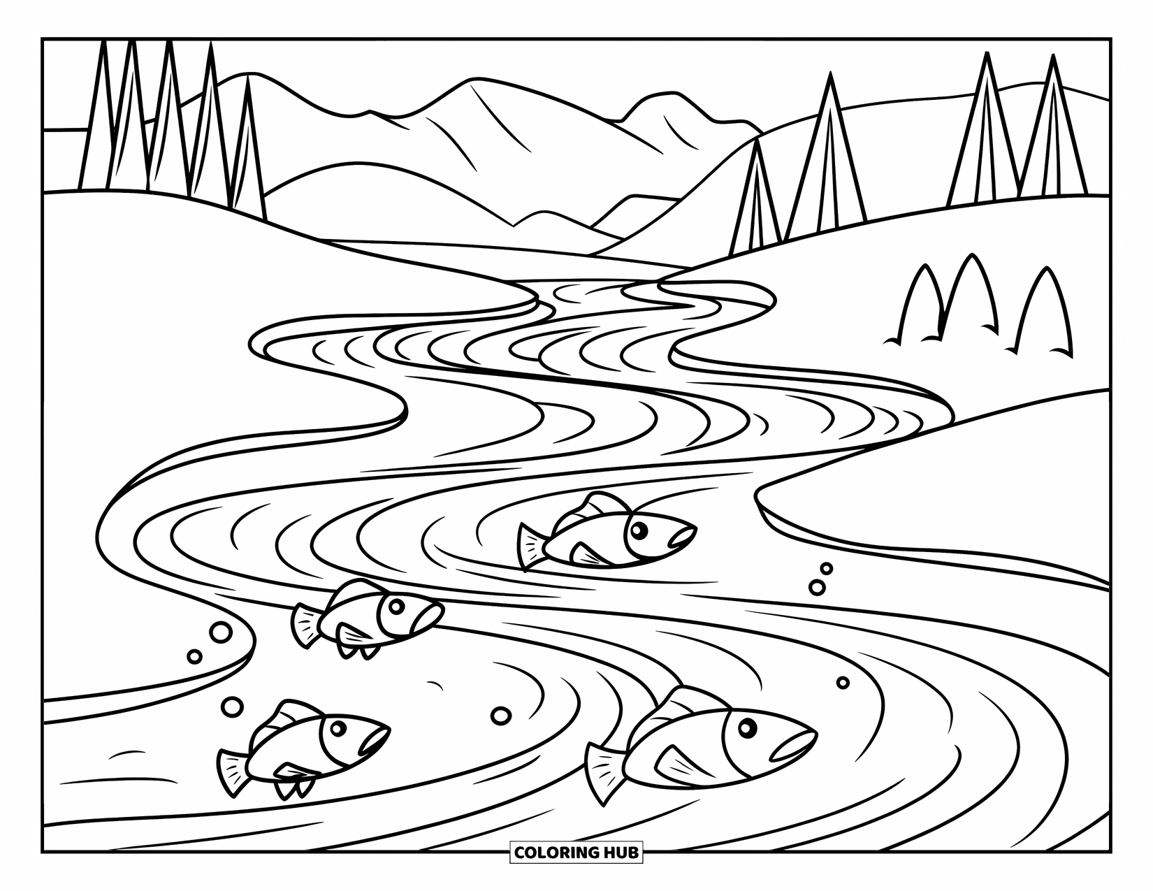 Berg Kleurplaat voor Kinderen: Een kronkelende rivier met springende vissen en een houten brug in de buurt