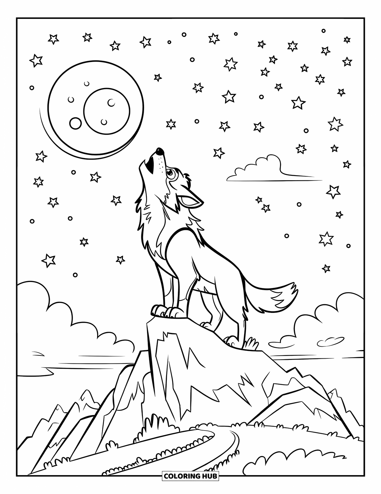 Berg Kleurplaat voor Kinderen: Een wolf met grote ogen die huilt naar de maan omringd door sterren