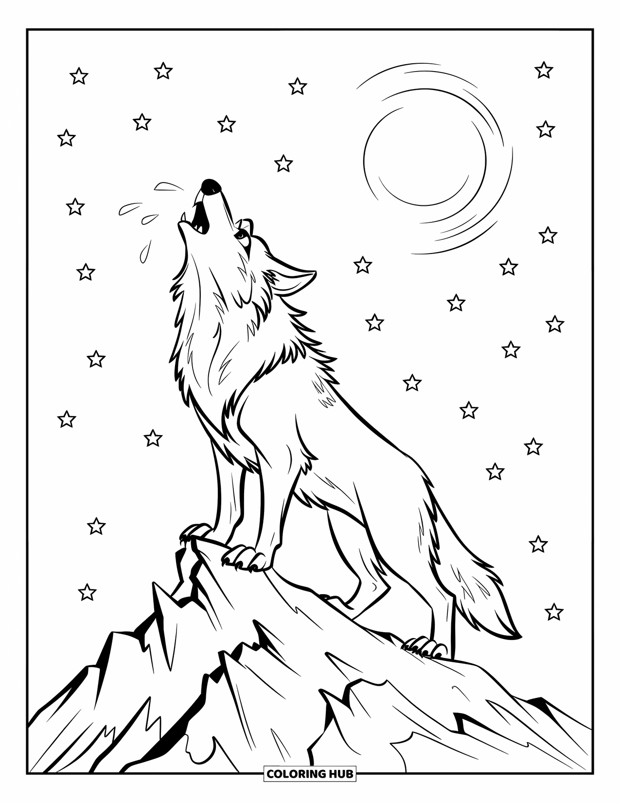 Berg Kleurplaat voor Kinderen: Een wolf met scherpe ogen die huilt op een rotsachtige top onder een sterrenhemel