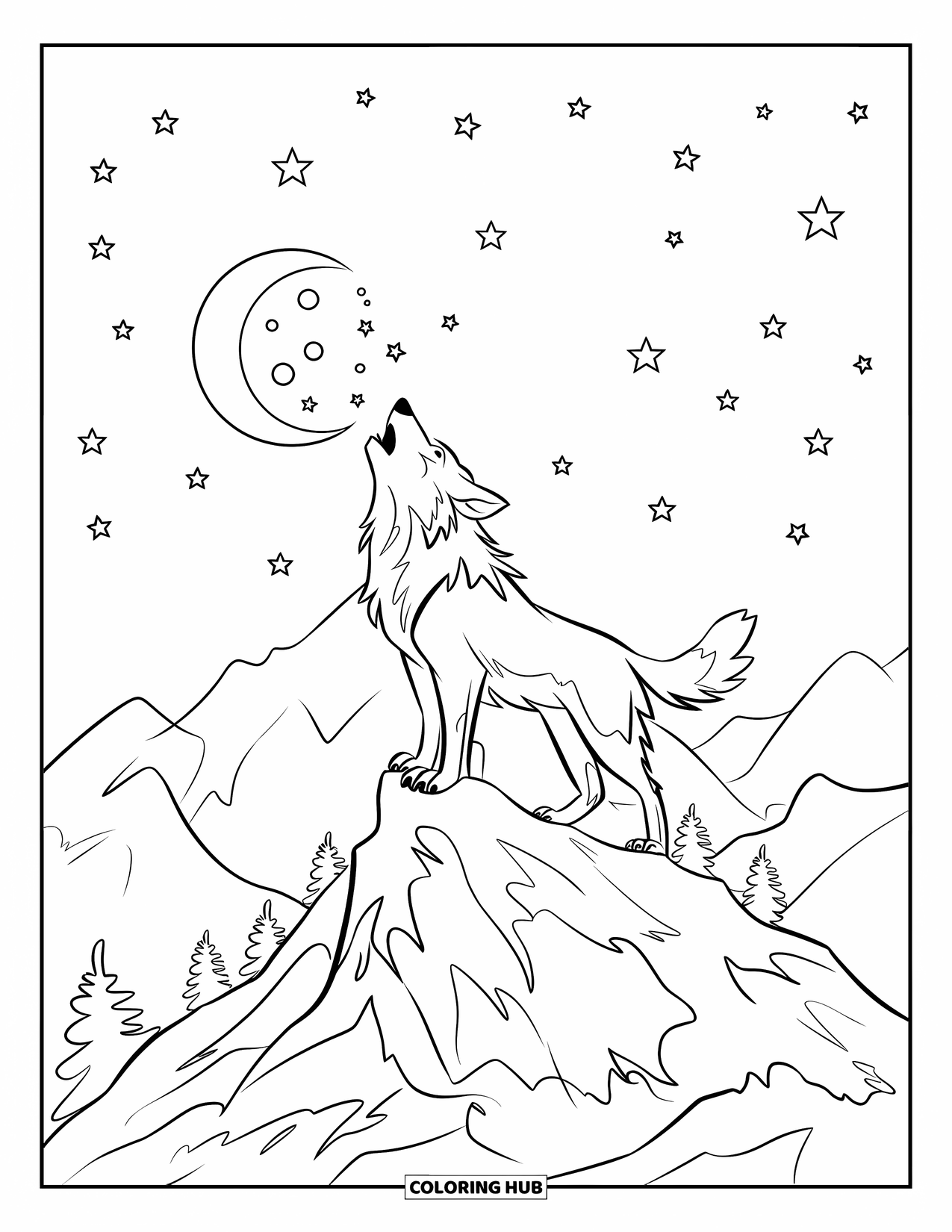 Berg Kleurplaat voor Kinderen: Een wolf met dikke vacht die huilt naar de maan op een rotsachtige bergtop