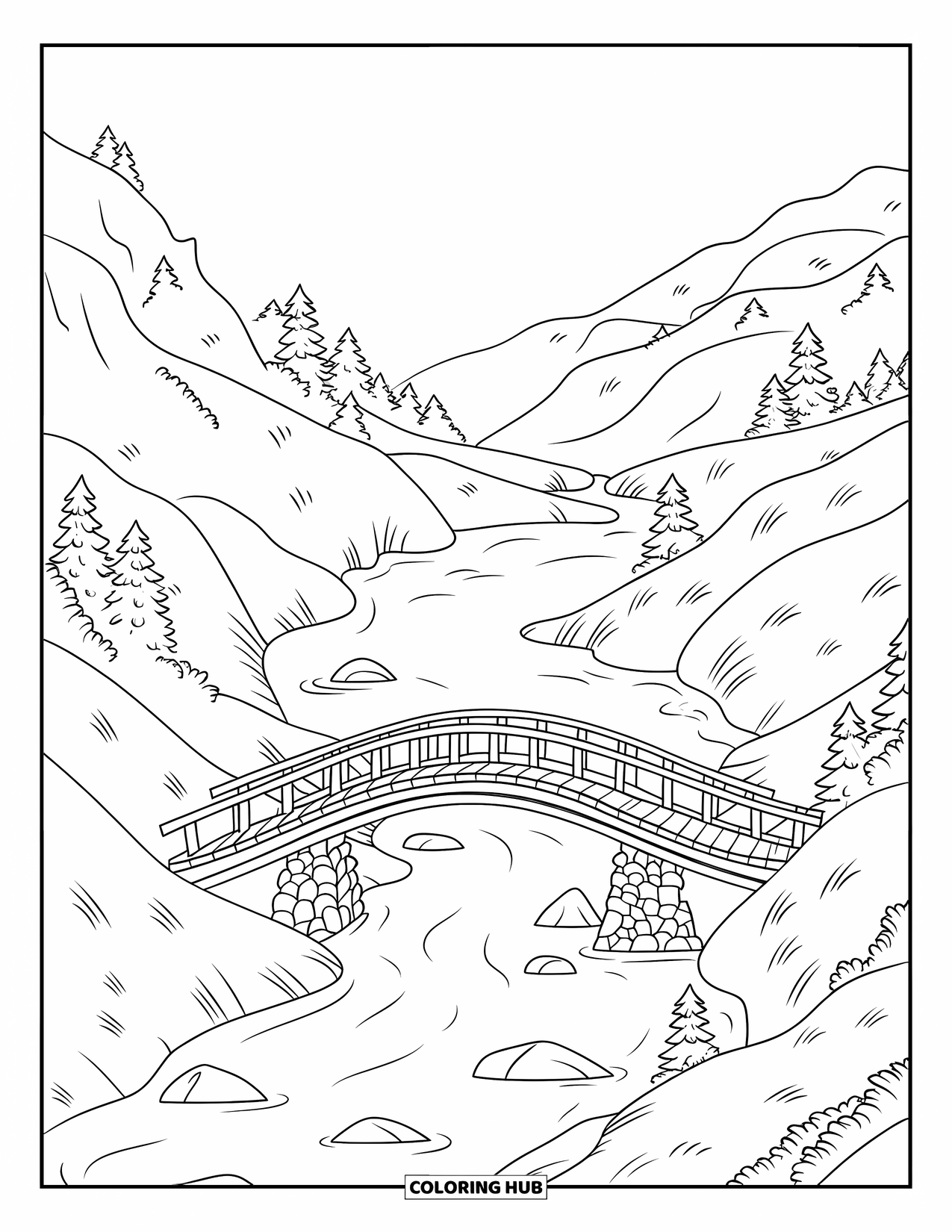 Berg Kleurplaat voor Kinderen: Een houten brug over een rivier omringd door bergen en bomen