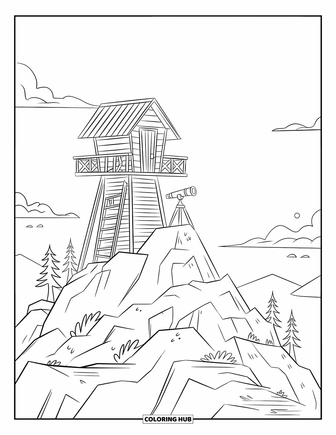 Berg Kleurplaat voor Kinderen: Een houten uitkijktoren op een bergtop met een telescoop bij de deur