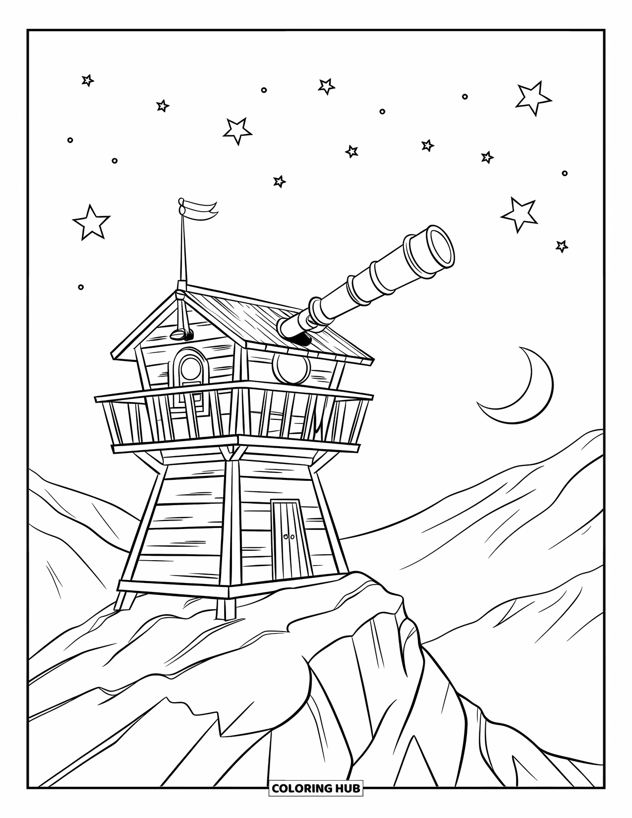 Berg Kleurplaat voor Kinderen: Een houten toren met een telescoop op een bergtop onder een sterrenhemel