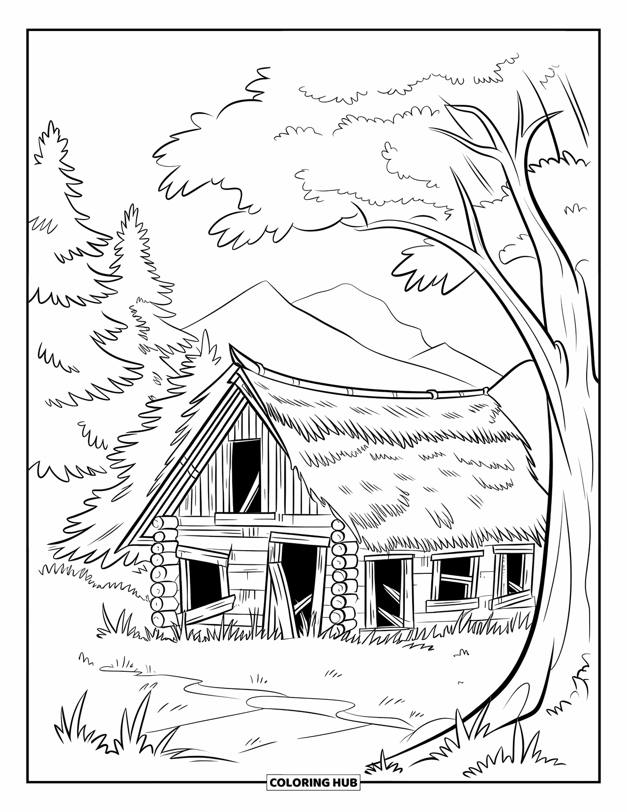 Berg Kleurplaat voor Kinderen: Een verlaten hut met een rieten dak en gebroken ramen onder een grote boomtak