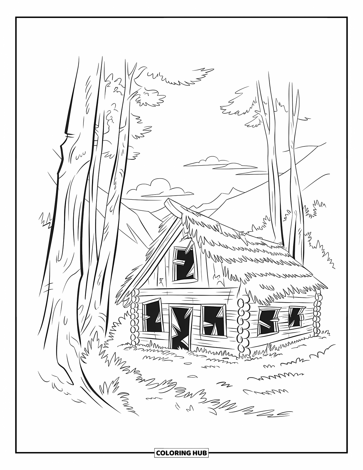 Berg Kleurplaat voor Kinderen: Een verlaten hut met een rieten dak omringd door hoge bomen en een heldere hemel