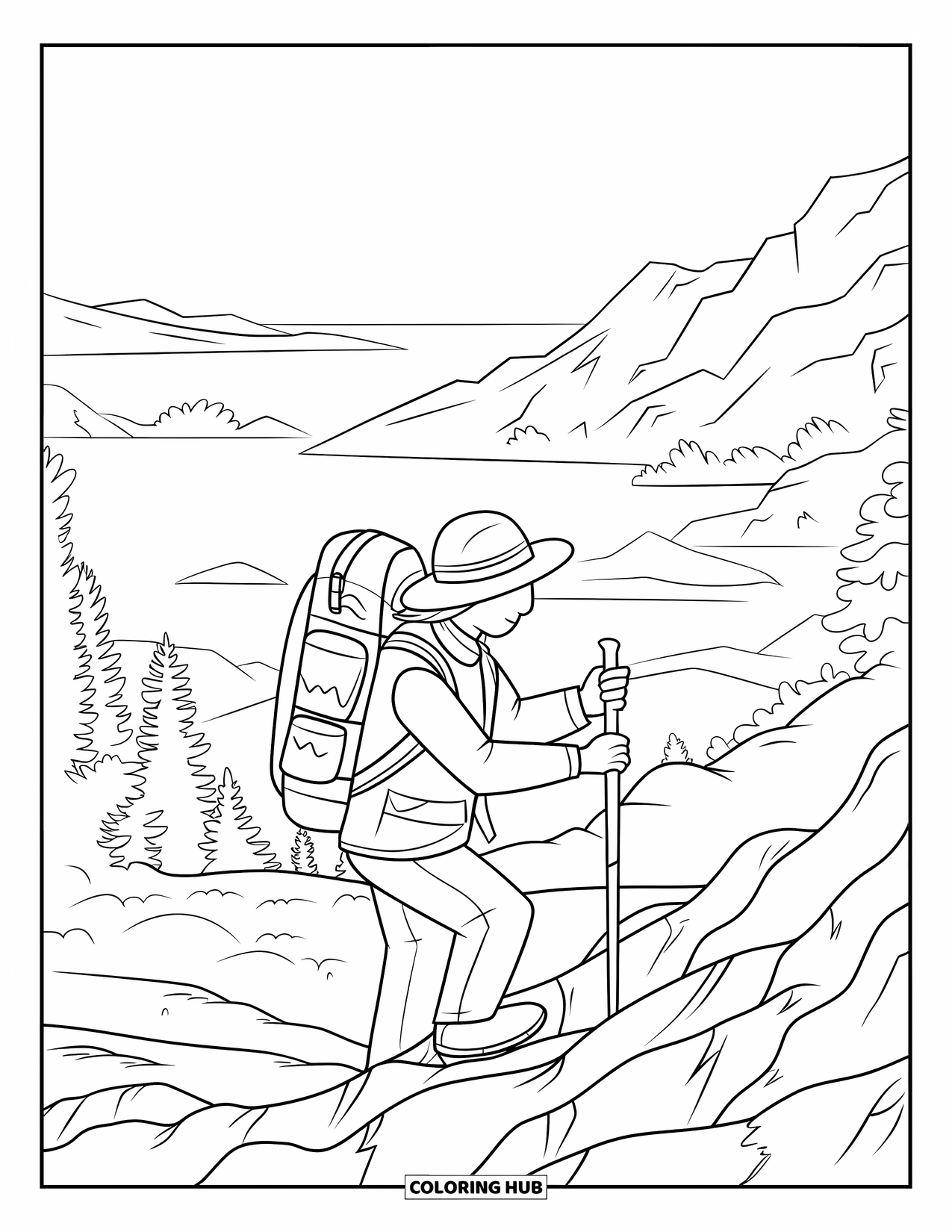 Berg Kleurplaat voor Kinderen: Een avonturier die een rotsachtig bergpad beklimt met een rugzak en een wandelstok
