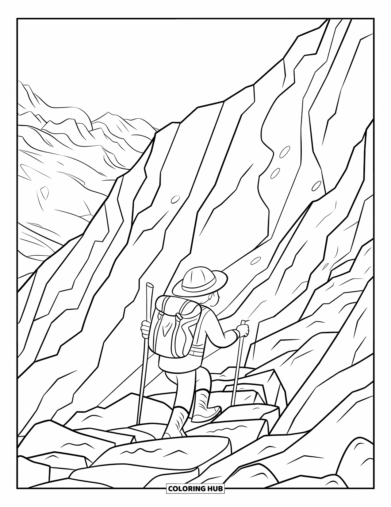 Berg Kleurplaat voor Kinderen: Een avonturier met een hoed en wandelstok op een rotsachtig bergpad