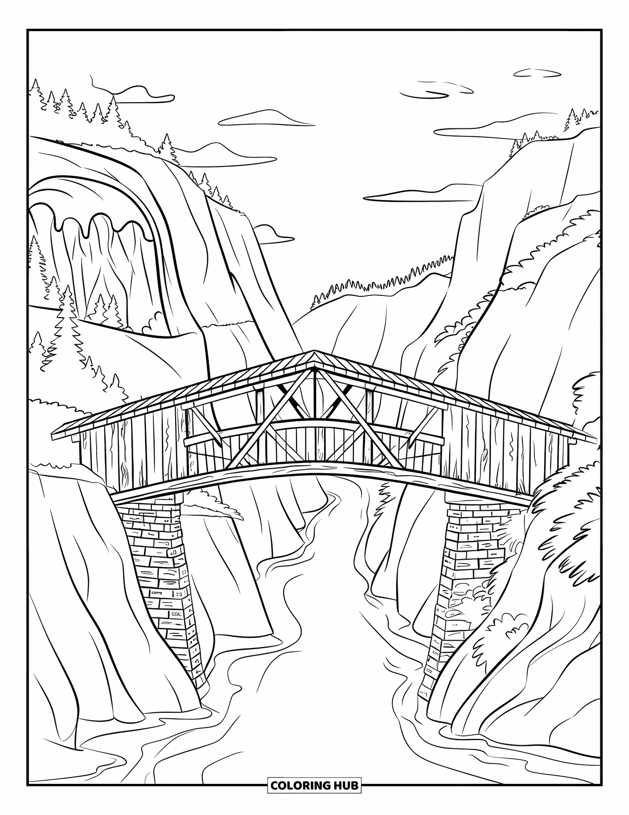 Berg Kleurplaat voor Kinderen: Een oude brug met stenen pilaren die een serene kloof overspant met bergen in de buurt