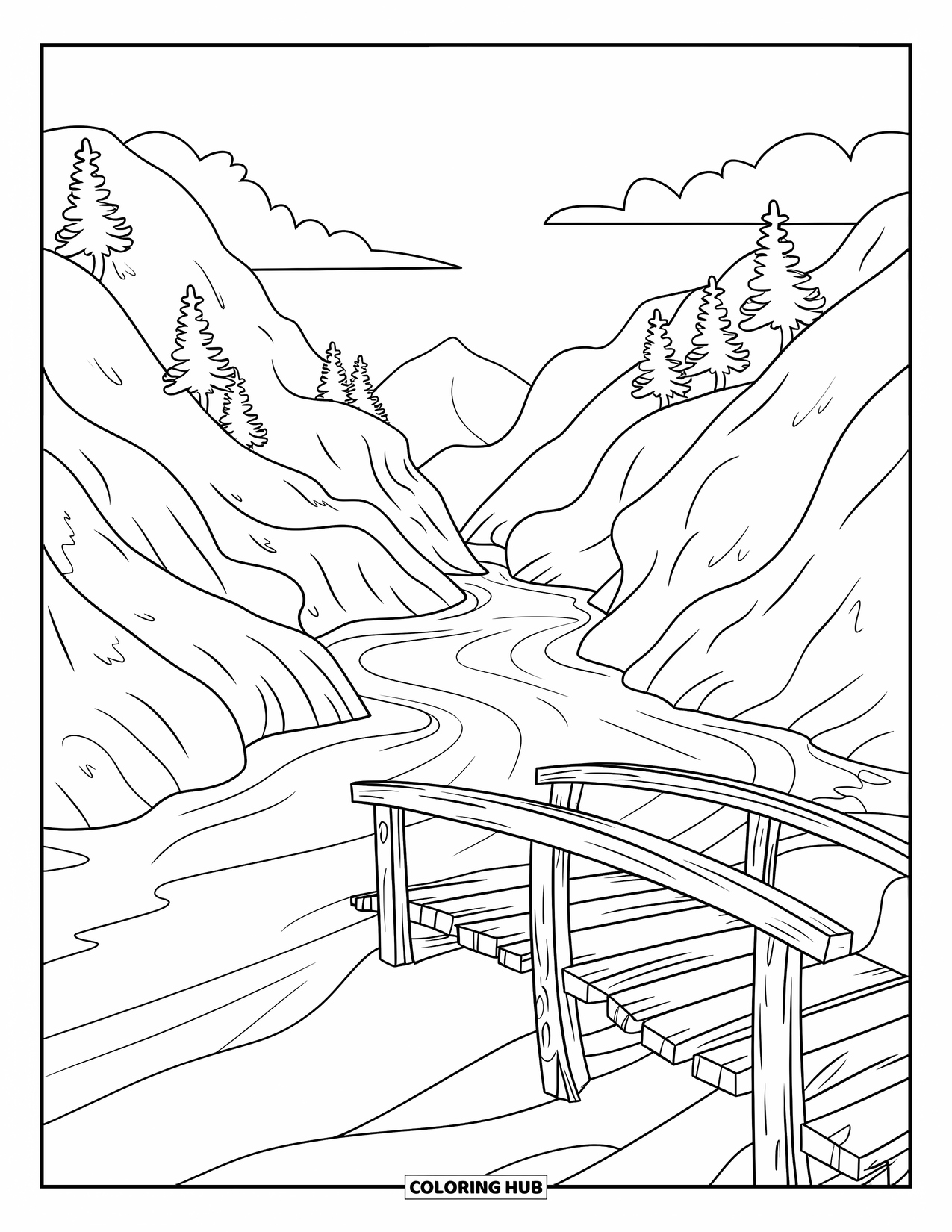 Berg Kleurplaat voor Kinderen: Een oude houten brug die een kalme rivier door de bergen overspant