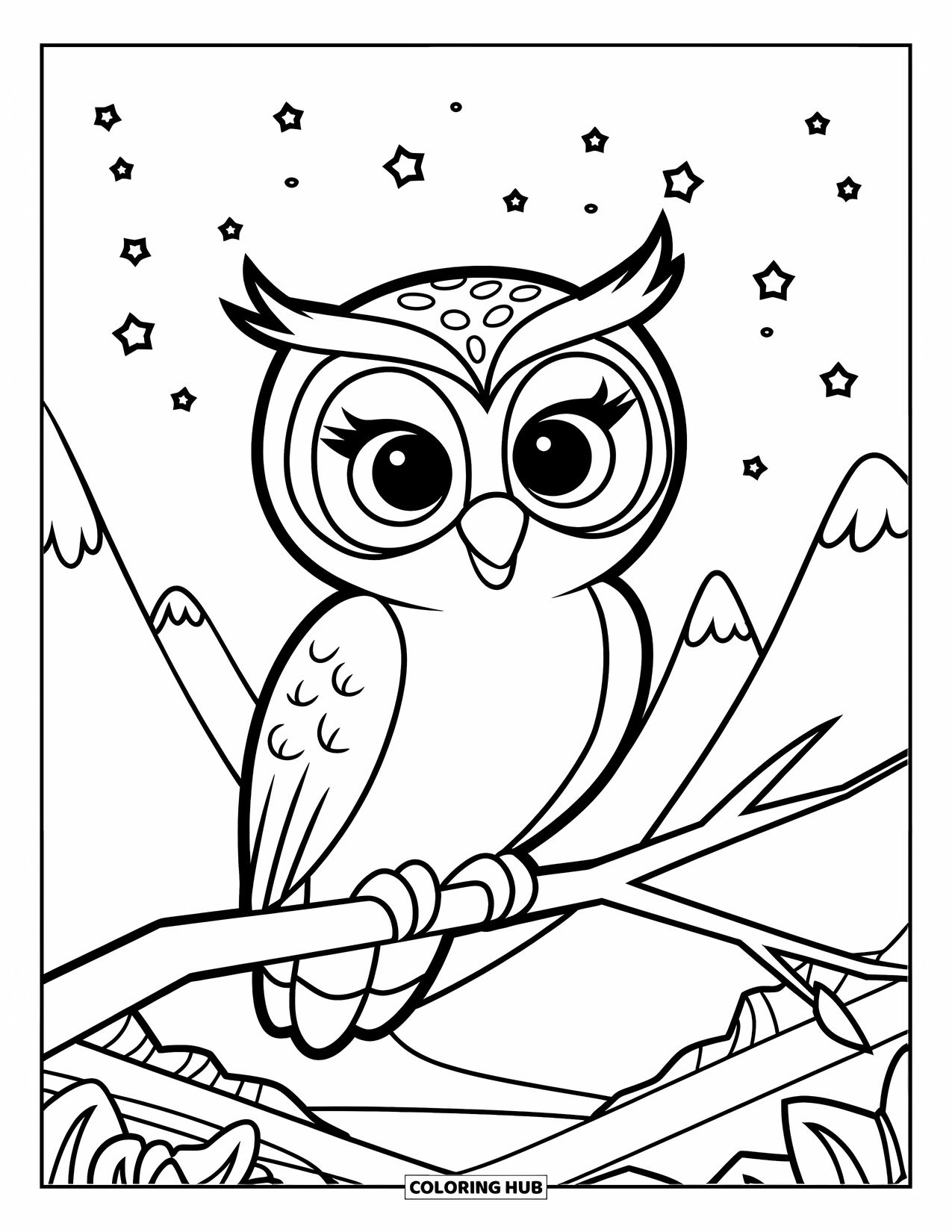 Berg Kleurplaat voor Kinderen: Een uil met grote ogen die op een tak zit onder een sterrenhemel
