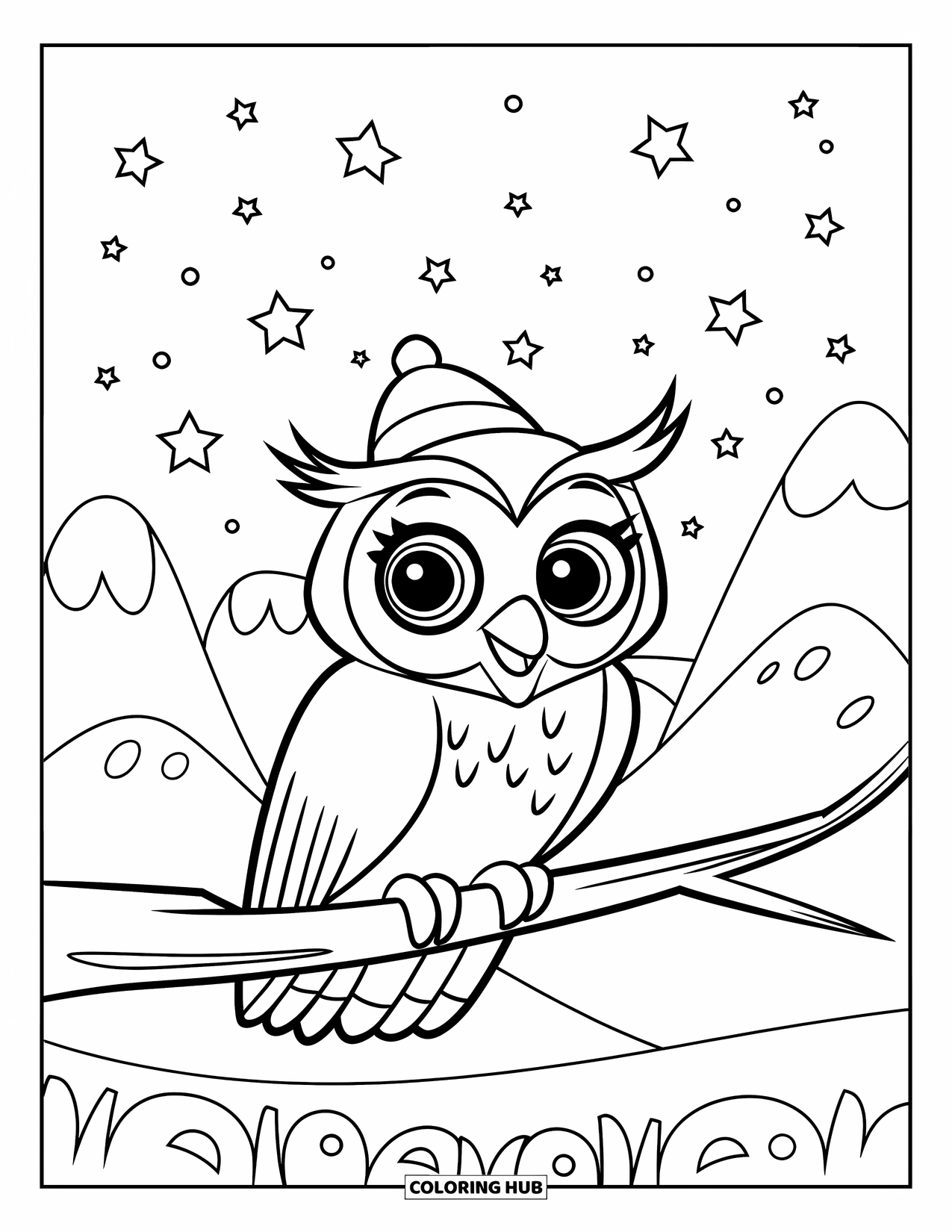 Berg Kleurplaat voor Kinderen: Een uil met expressieve ogen op een tak onder een sterrenhemel boven de bergen