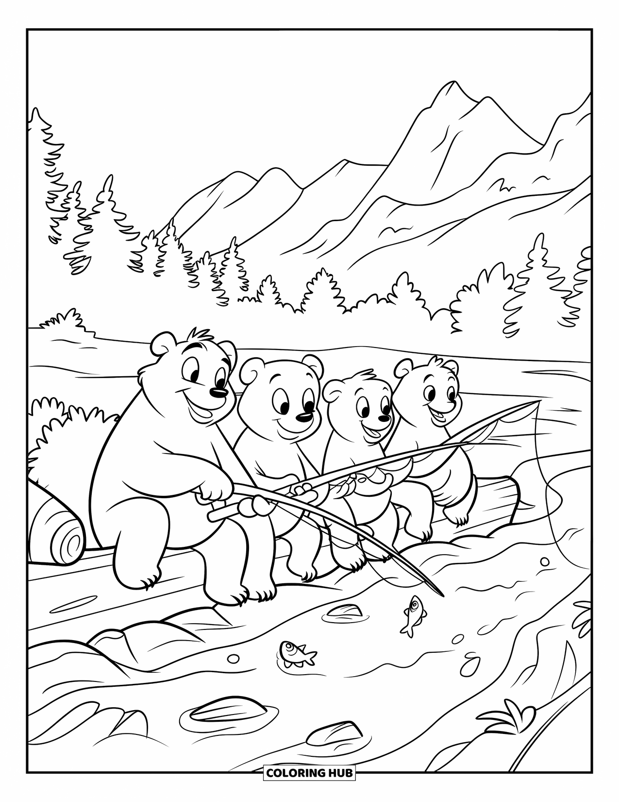 Berg Kleurplaat voor Kinderen: Drie beren die aan het vissen zijn bij een beek in de buurt van een bos en mistige bergen
