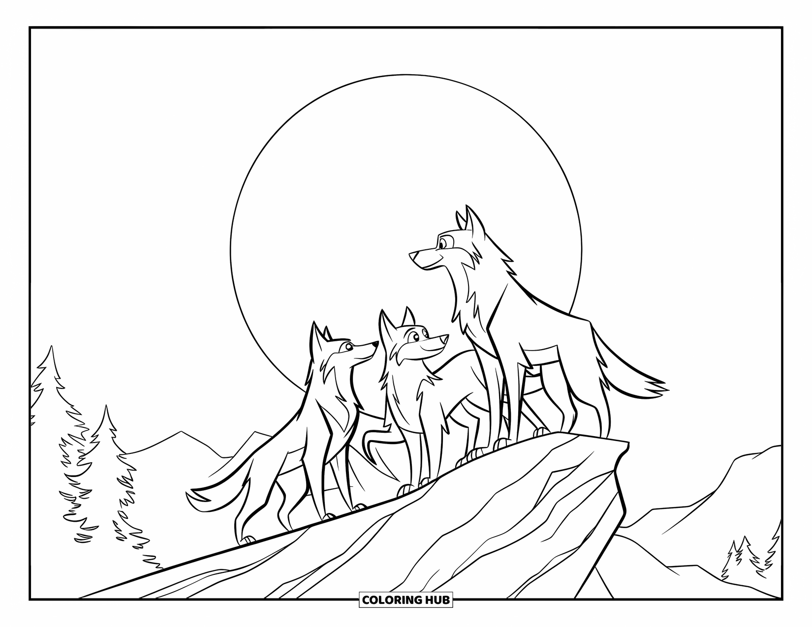 Berg Kleurplaat voor Kinderen: Drie wolven die onder een volle maan staan op een rotsachtige bergkam