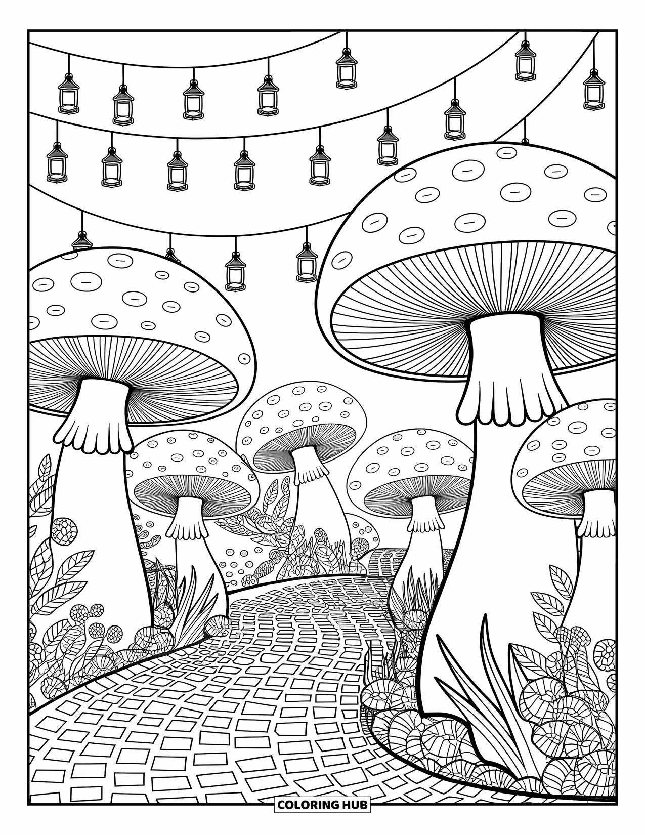 Desen de colorat cu ciuperci pentru adulți: Un sat ciupercă fermecător, cu poteci șerpuitoare și felinare