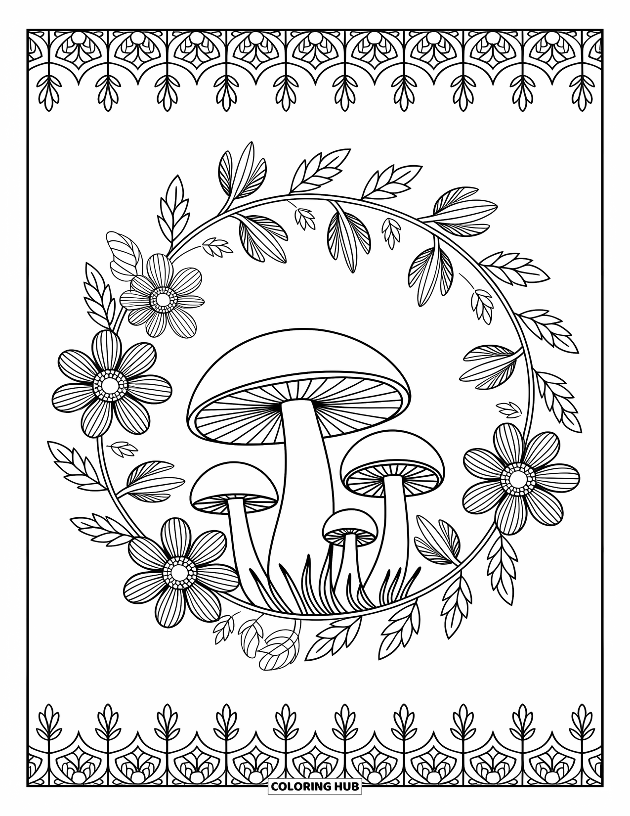 Desen de colorat cu ciuperci pentru adulți: Un cerc de ciuperci înconjurat de iederă și flori