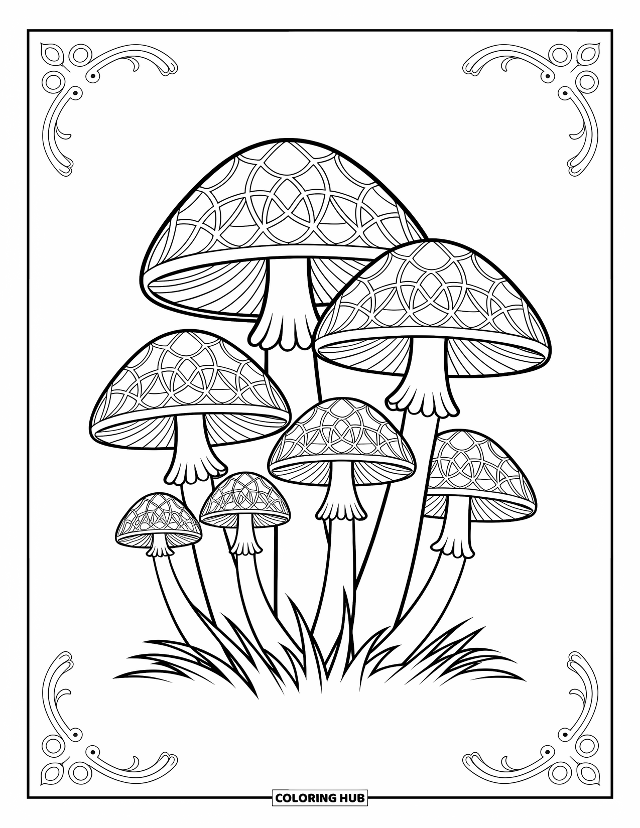 Desen de colorat cu ciuperci pentru adulți: Un grup de ciuperci cu modele în stil vitraliu