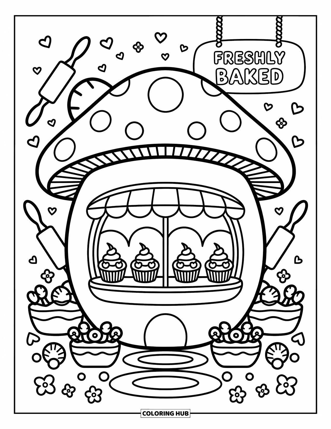 Desen de colorat cu ciuperci pentru adulți: O casă ciupercă brutărie confortabilă, cu brioșe și ghivece cu flori