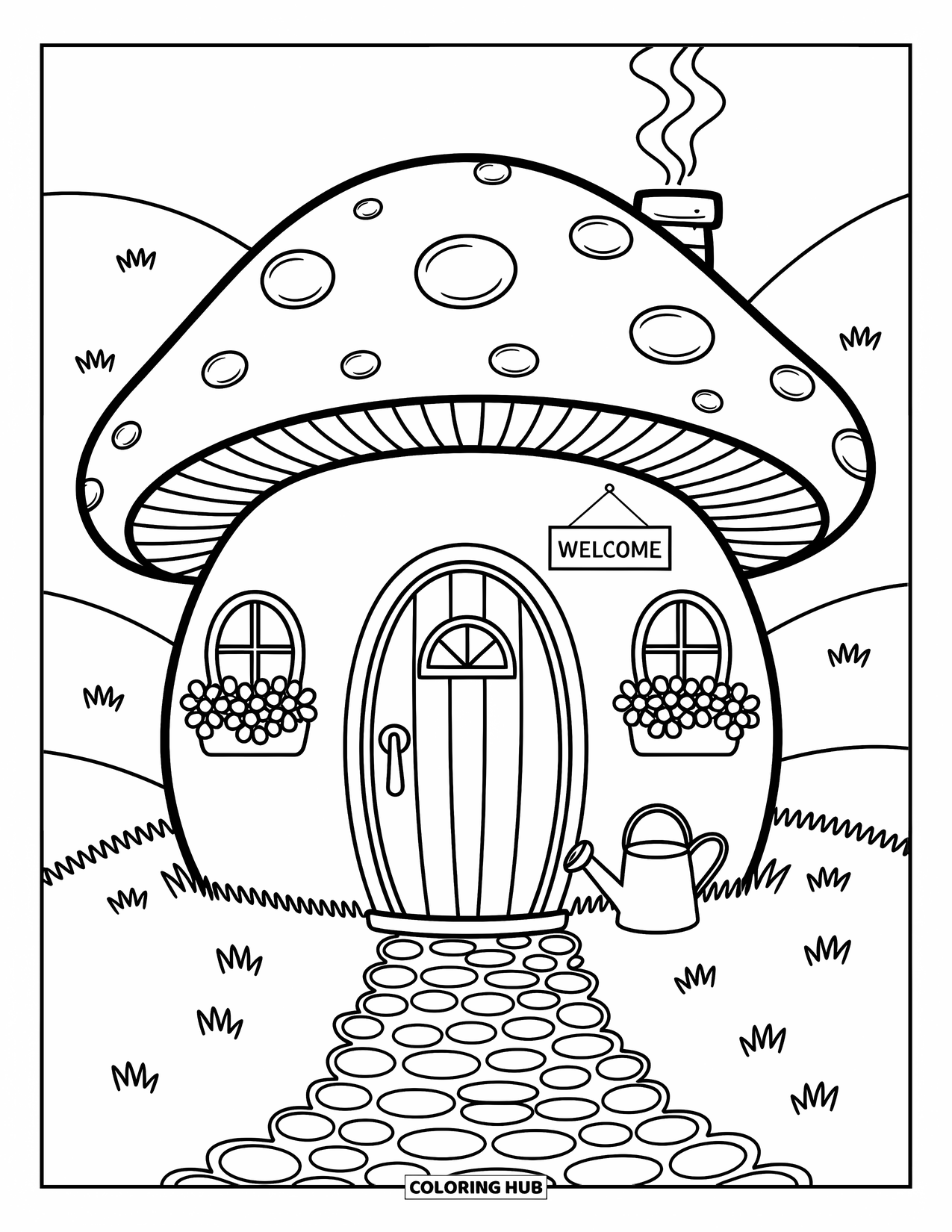 Desen de colorat cu ciuperci pentru adulți: O cabană ciupercă confortabilă, cu un coș de fum, flori și un indicator de bun venit