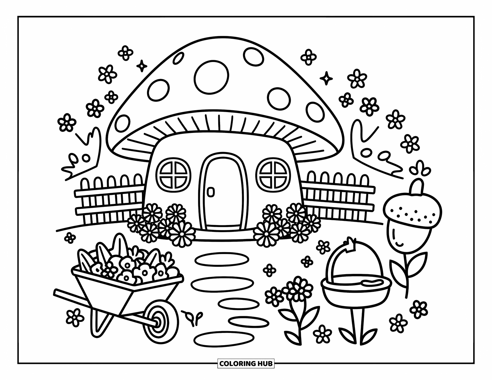 Desen de colorat cu ciuperci pentru adulți: O casă ciupercă confortabilă, cu flori, o roabă și o cutie poștală drăguță