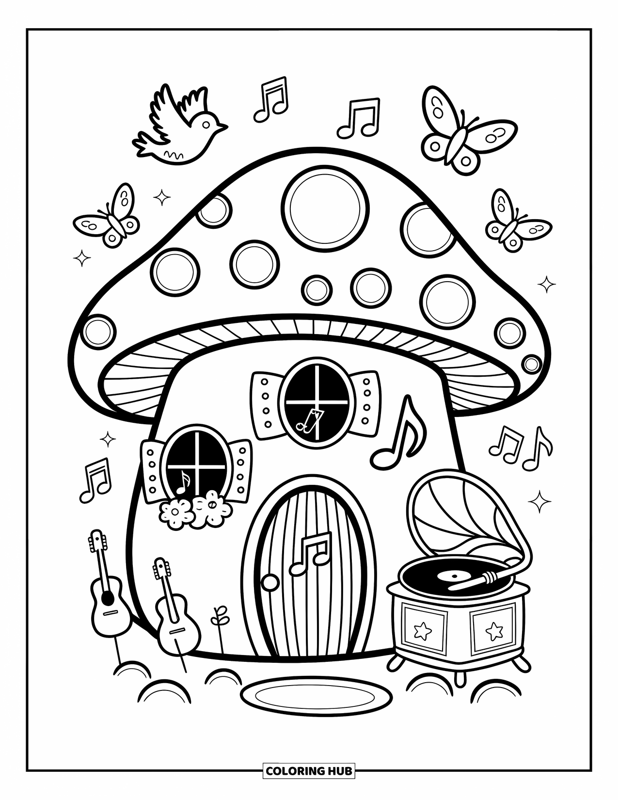 Desen de colorat cu ciuperci pentru adulți: O casă ciupercă confortabilă, cu note muzicale și un pick-up afară