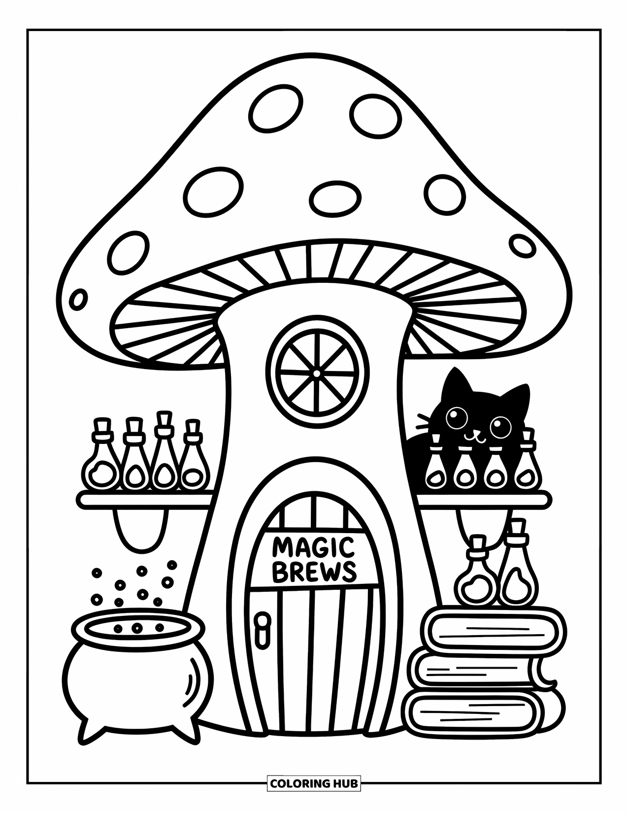 Desen de colorat cu ciuperci pentru adulți: O casă ciupercă confortabilă, cu rafturi cu poțiuni și un cazan clocotitor