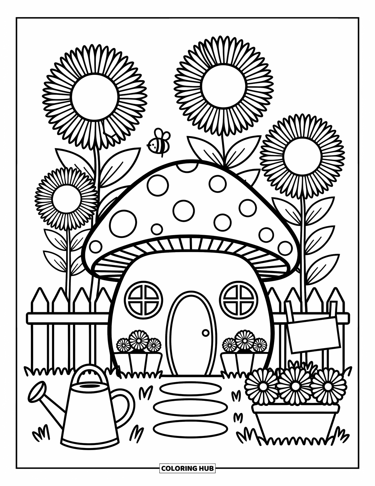 Desen de colorat cu ciuperci pentru adulți: O casă ciupercă confortabilă, cu floarea-soarelui, ghivece cu flori și o albină mică