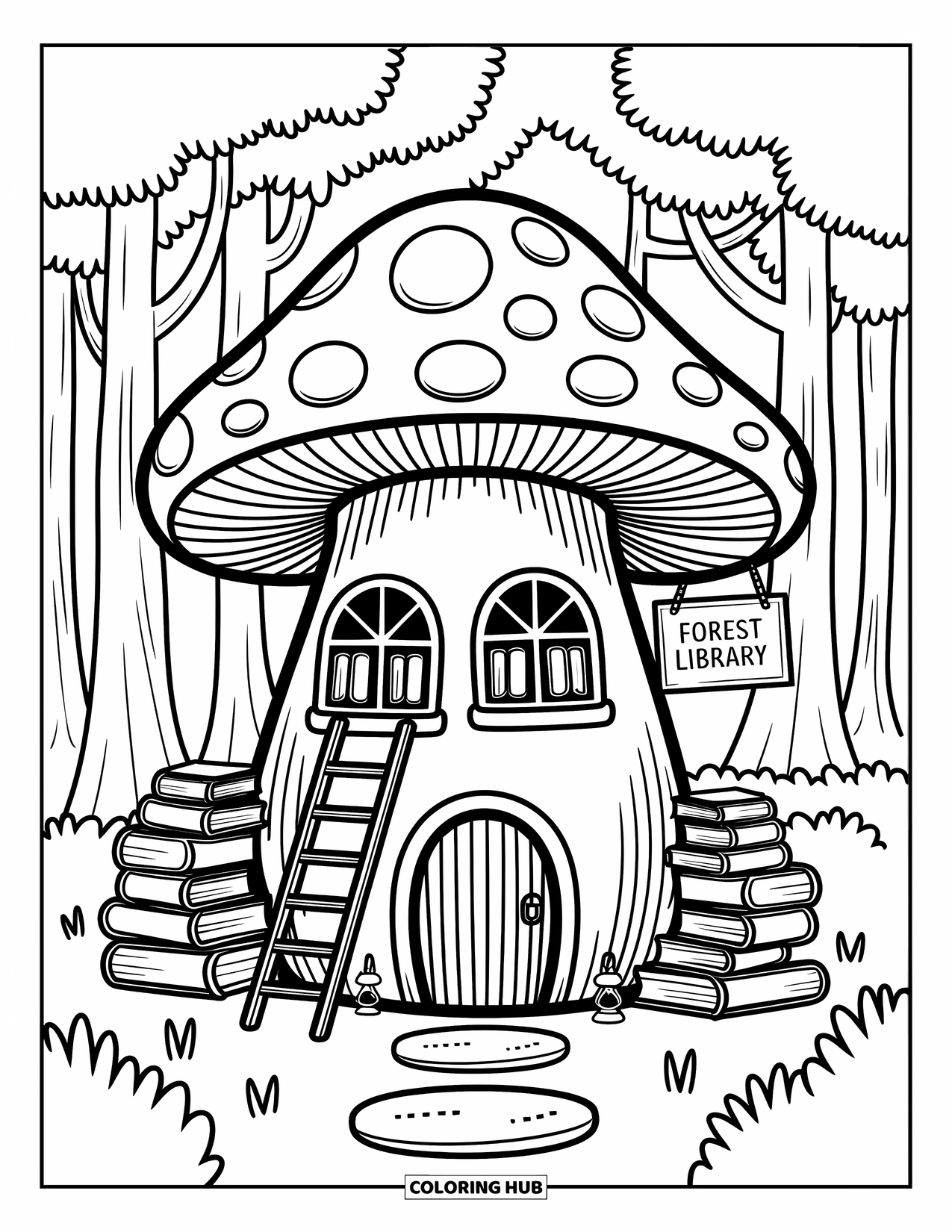 Desen de colorat cu ciuperci pentru adulți: O bibliotecă ciupercă confortabilă, cu cărți, felinare și o scară