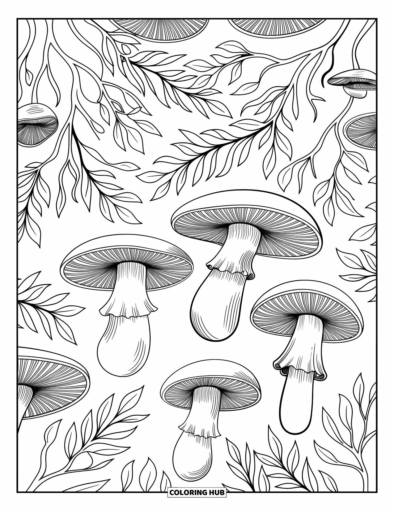 Desen de colorat cu ciuperci pentru adulți: Un sol de pădure cu ciuperci, frunze și modele de rădăcini