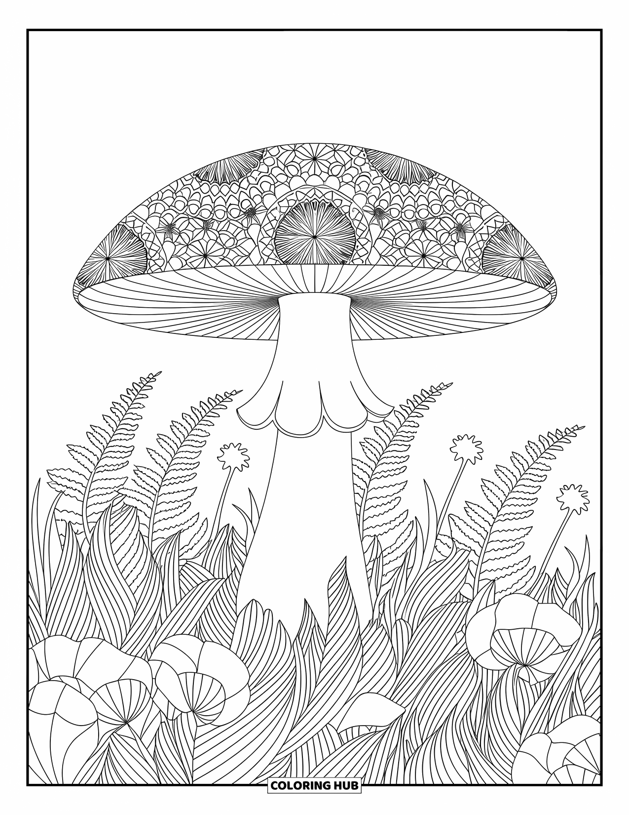 Desen de colorat cu ciuperci pentru adulți: O ciupercă cu model mandala, cu flori sălbatice și ferigi